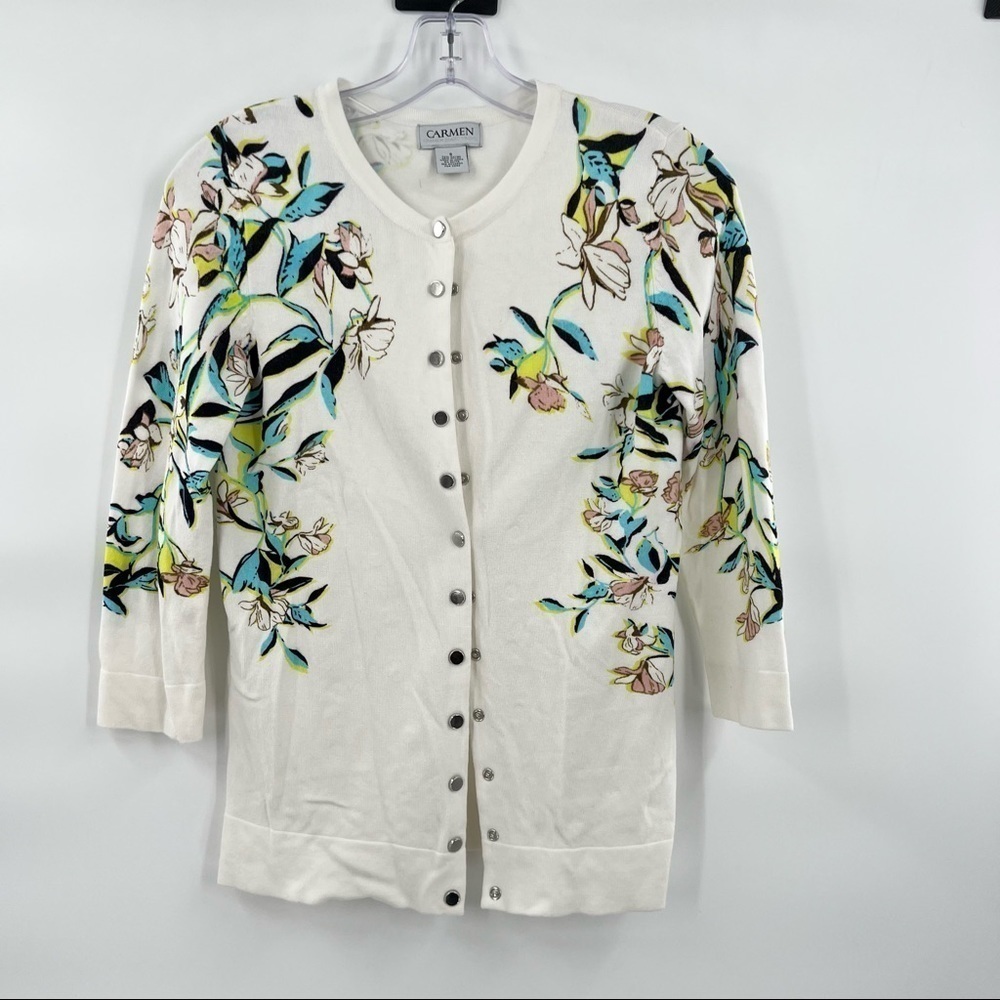 Carmen Marc Valvo floral cardigan white green blue sweater S